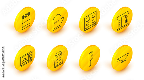 Set line Sauce boat, Bread knife, Grater, Microwave oven, Electric mixer, Gas stove, Oven glove and Open matchbox and matches icon. Vector