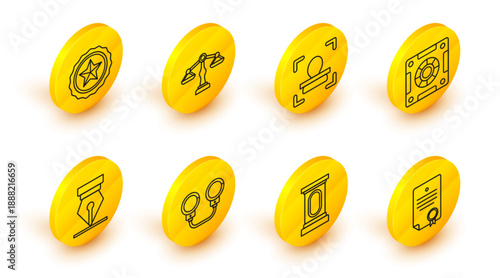 Set line Certificate template, Stage stand or debate podium rostrum, Handcuffs, Fountain pen nib, Safe, Face recognition, Scales of justice and Police badge icon. Vector