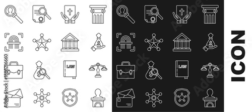 Set line Stage stand or debate podium rostrum, Hand holding money bag, Oath the Holy Bible, Hexagram sheriff, Fingerprint, Magnifying glass for search and Courthouse building icon. Vector