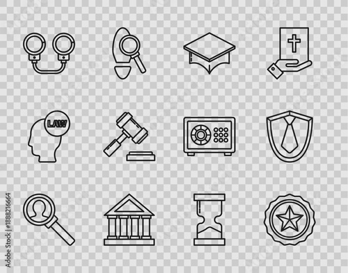 Set line Magnifying glass for search, Police badge, Graduation cap, Courthouse building, Handcuffs, Judge gavel, Old hourglass and Tie icon. Vector