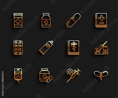 Set line IV bag, Medicine bottle and pills, Medical syringe with needle, or tablet, Ointment cream tube medicine, vial ampoule and book icon. Vector