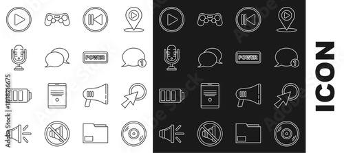 Set line Vinyl disk, Arrow cursor, Speech bubble chat, Rewind, Microphone, Play circle and Power button icon. Vector