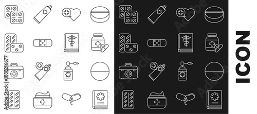 Set line Medical book, Medicine pill or tablet, bottle and pills, Heart with cross, Bandage plaster, Pills blister pack, and icon. Vector