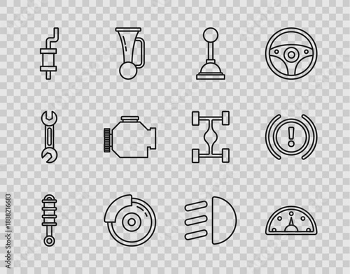 Set line Shock absorber, Speedometer, Gear shifter, Car brake disk with caliper, muffler, Check engine, High beam and Brake system warning icon. Vector