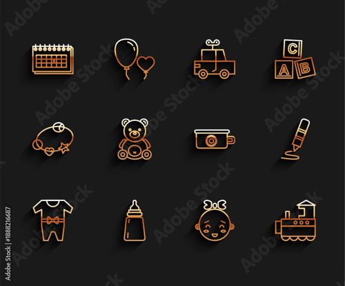 Set line Baby clothes, bottle, Calendar, Happy little girl head, Toy train, Teddy bear plush toy, Wax crayon for drawing and potty icon. Vector