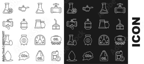 Set line Canister for motor machine oil, Oil railway cistern, Test tube and flask, Propane gas tank, Broken metal pipe with leaking water, Antifreeze test and industrial factory building icon. Vector