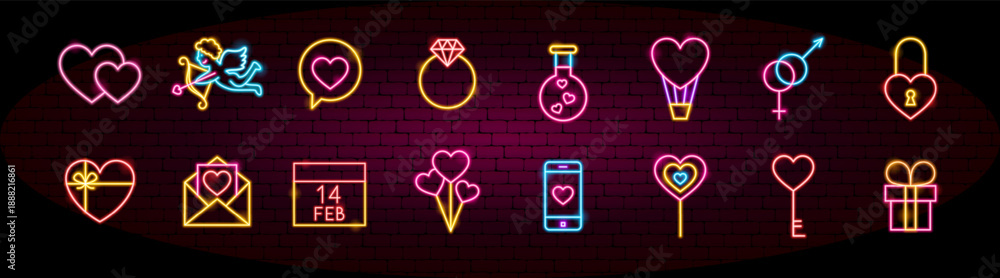 Fototapeta premium Happy Valentines Day Neon Objects. Vector Illustration of Glowing Led Lamp Love Romance Holiday Icons. Big Symbols Set. Heart, Wedding, Couple.