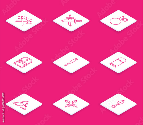Set line Crossed medieval axes, sword, Hand grenade, Chevron, Baseball bat, Cartridges, Japanese ninja shuriken and icon. Vector