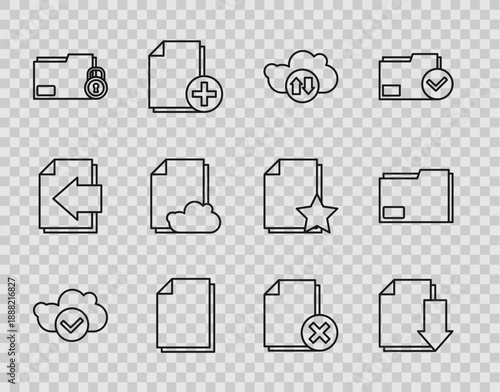 Set line Cloud with check mark, Document download, and upload, Folder lock, storage text document, Delete file and folder icon. Vector
