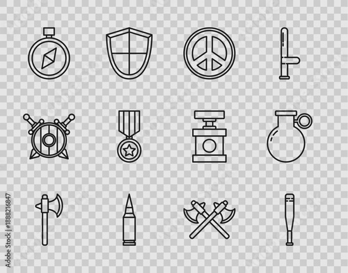 Set line Medieval axe, Baseball bat, Peace, Bullet, Compass, Military reward medal, Crossed medieval axes and Hand grenade icon. Vector