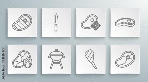 Set line Grilled steak meat and fire flame, Knife, Barbecue grill, Rib eye, Steak, Fresh frozen, and icon. Vector