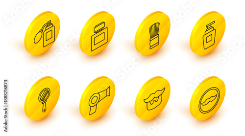 Set line Mustache, and beard, Hair dryer, Hand mirror, Bottle of shampoo, Shaving brush, Aftershave and bottle with atomizer icon. Vector