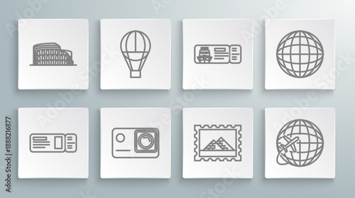 Set line Travel ticket, Action extreme camera, Postal stamp and Egypt pyramids, Globe with flying plane, Cruise for traveling by ship, Earth globe and Coliseum Rome, Italy icon. Vector