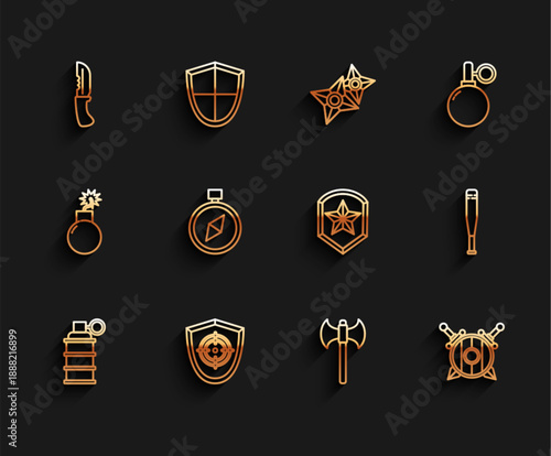 Set line Hand grenade, Target sport, Military knife, Medieval axe, Wooden shield with crossed swords, Compass, Baseball bat and Police badge icon. Vector
