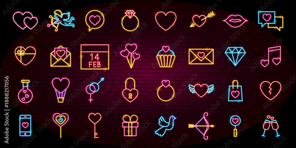 Fototapeta premium Love Valentines Day Neon Objects. Vector Illustration of Glowing Led Lamp Romance Holiday Icons. Big Symbols Set. Heart, Wedding, Couple.