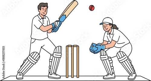 Cricket match vector illustration showing batsman and wicketkeeper in action with bat, ball and stumps, flat line style sports concept for training and competition