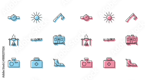 Set line Photo camera, First aid kit, Wrist watch, Hiking boot, Camping knife, Rv trailer, Campfire and pot and Sun icon. Vector