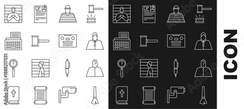 Set line Paint brush, Anonymous with question mark, Lawyer, attorney, jurist, Prisoner, Judge gavel, Retro typewriter, Suspect criminal and audio cassette tape icon. Vector