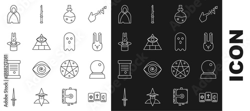 Set line Three tarot cards, Magic ball, Rabbit with ears, Bottle love potion, Masons, Magician hat and rabbit, Mantle, cloak, cape and Ghost icon. Vector