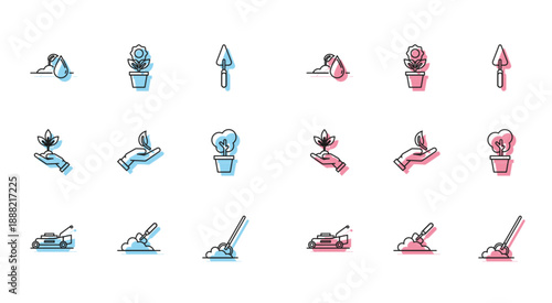 Set line Lawn mower, Garden trowel spade or shovel in the ground, Watering sprout, Shovel, Sprout hand of environmental protection, Tree pot, Plant and Flower icon. Vector