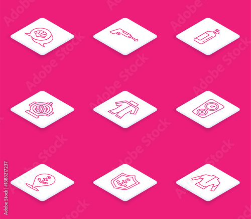 Set line Scallop sea shell, Fishing harpoon, Aqualung, Wetsuit, Gauge scale, Location with anchor and Anchor inside shield icon. Vector