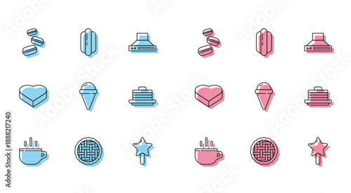 Set line Coffee cup, Homemade pie, Macaron cookie, Lollipop, Ice cream in waffle cone, Stack pancakes, Candy heart shaped box and Hotdog sandwich icon. Vector