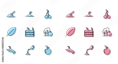 Set line Sprout in hand of environmental protection, Watering can with water, Garden trowel spade or shovel the ground, Apple, Wooden box for fruits vegetables, Tree apple, Leaf and icon. Vector
