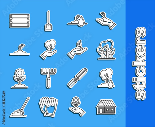 Set line Farm house, Watering Tree, Trees, sprout, hand of environmental protection, Sprout, Wooden box and icon. Vector