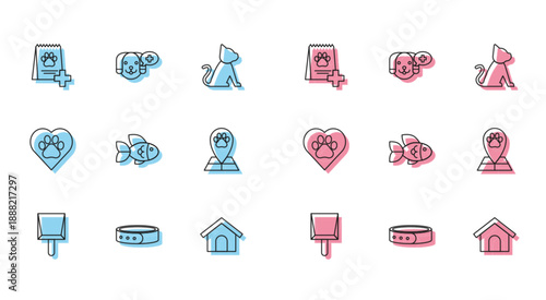 Set line Dustpan, Collar with name tag, Bag of food for dog, Dog house, Fish, Map pointer veterinary medicine hospital, Heart animals footprint and Veterinary clinic symbol icon. Vector
