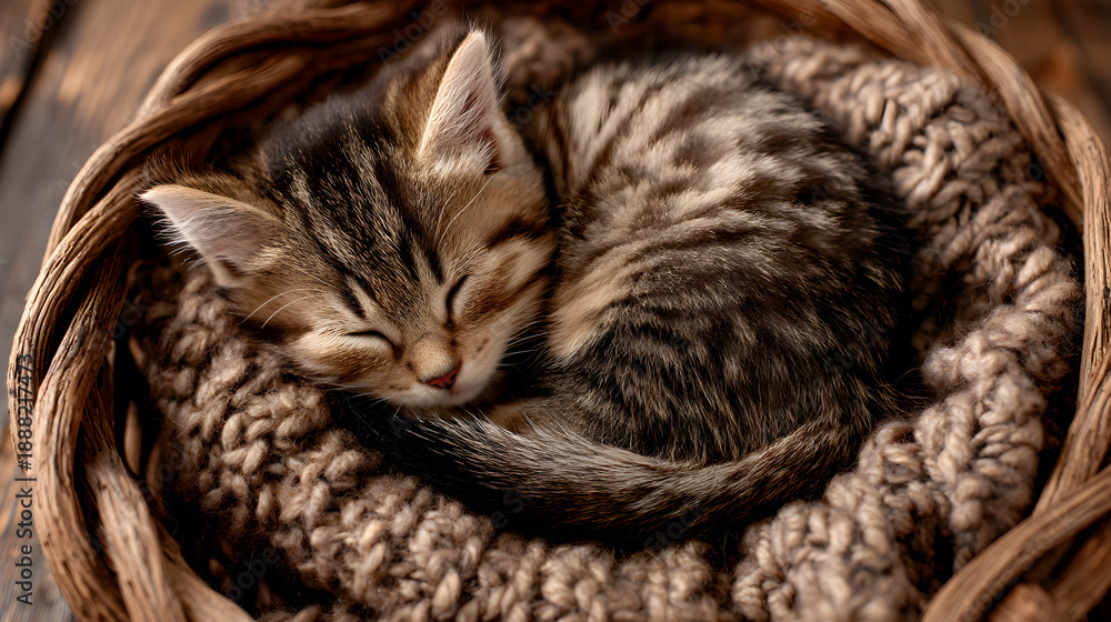 Naklejka premium Sleeping cute tabby kitten curled up in wicker basket on soft brown blanket indoors at home