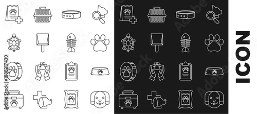Set line Dog, Pet food bowl for cat or dog, Paw print, Collar with name tag, Dustpan, Turtle, Bag of and Fish skeleton icon. Vector
