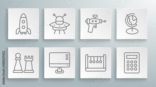 Set line Chess, UFO flying spaceship, Computer monitor screen, Pendulum, Calculator, Ray gun, Earth globe and Rocket icon. Vector