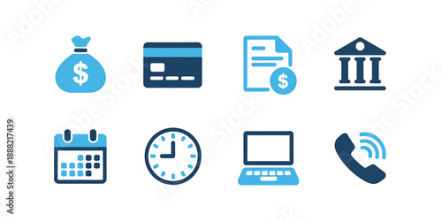 Financial icons set including money credit card and bank