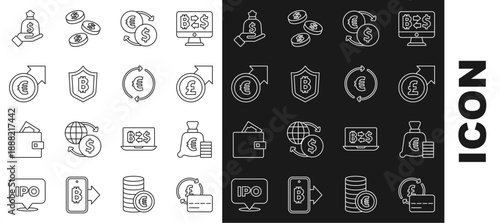 Set line Credit card, Coin money with euro symbol, Financial growth and pound, Money exchange, Shield bitcoin, Hand holding bag and icon. Vector