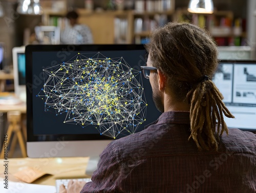 Researcher analyzing complex neural network for artificial intelligence