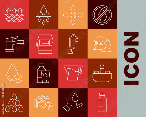 Set line Bottle of water, Washbasin with tap, Chemical formula for H2O, Water, Well bucket, Waves and evaporation and icon. Vector
