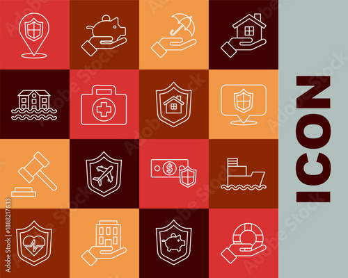 Set line Lifebuoy in hand, Ship, Location shield, Umbrella, First aid kit, House flood, and with icon. Vector