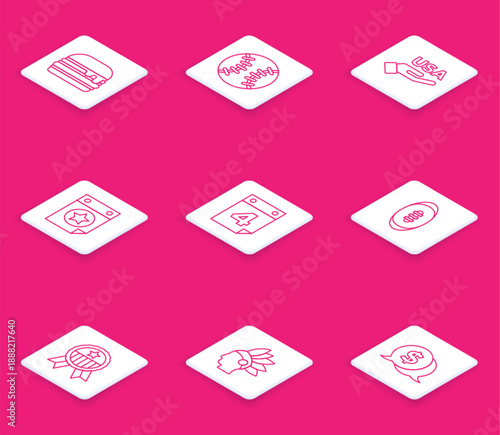 Set line Burger, Baseball ball, USA Independence day, Calendar with date July 4, American Football, Medal star and Native Indian icon. Vector