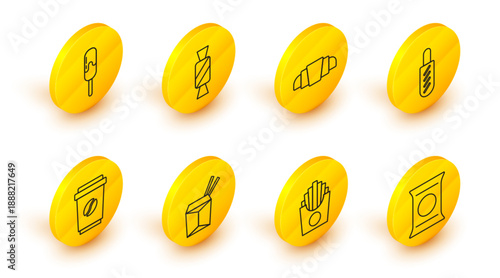 Set line Bag or packet potato chips, Potatoes french fries in box, Asian noodles and chopsticks, Coffee cup go, Hotdog sandwich, Croissant, Candy and Ice cream icon. Vector