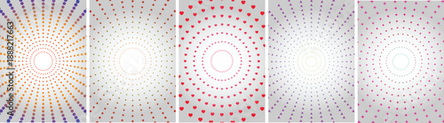 abstract radial halftone pattern set with geometric icons hearts triangles crosses colorful modern background design