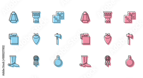 Set line Cowboy boot, Dream catcher with feathers, Camping lantern, Canteen water bottle, bandana, Tomahawk axe, and Drum icon. Vector