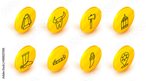 Set line Hexagram sheriff, Tooth, Kayak or canoe and paddle, Cowboy boot, Dynamite bomb, Tomahawk axe, Buffalo skull and Camping lantern icon. Vector