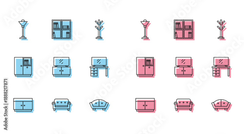 Set line Chest of drawers, Sofa, Floor lamp, TV table stand, Wardrobe and Shelf with books icon. Vector