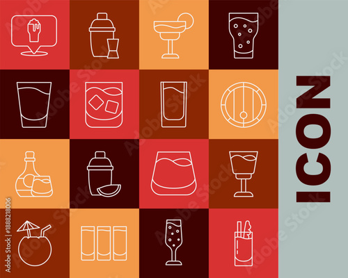 Set line Cocktail Bloody Mary, Wine glass, Wooden barrel, Glass of whiskey, Shot, Alcohol or beer location and icon. Vector