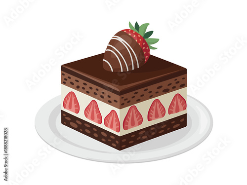 Delicious Chocolate Strawberry Cake Slice on White Plate