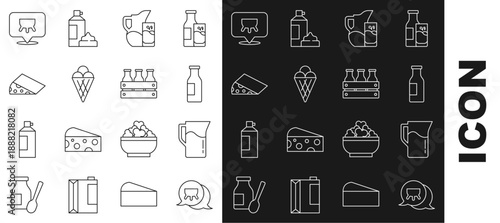 Set line Udder, Milk jug or pitcher, Bottle with milk, and glass, Ice cream in waffle cone, Cheese, and Bottled wooden box icon. Vector