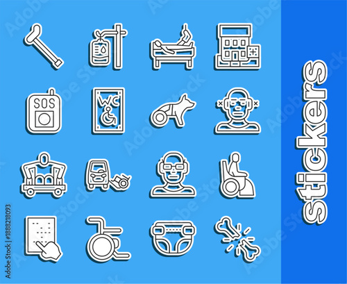 Set line Human broken bone, Woman in wheelchair, Deaf, Patient with leg, Separated toilet for disabled, Press the SOS button, Walking stick cane and Dog icon. Vector