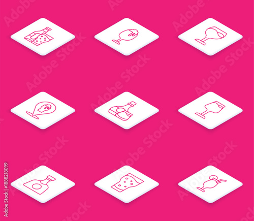 Set line Beer bottle and glass, Glass of beer, Wine, Alcohol or bar location, Whiskey, Tequila and icon. Vector