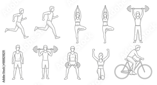 fitness exercise icons depicting various healthy lifestyle activities like running yoga and lifting weights for modern health and wellness graphics.