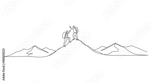mountain climbing teamwork line art helping hand success concept for business leadership and aspiration journey illustration